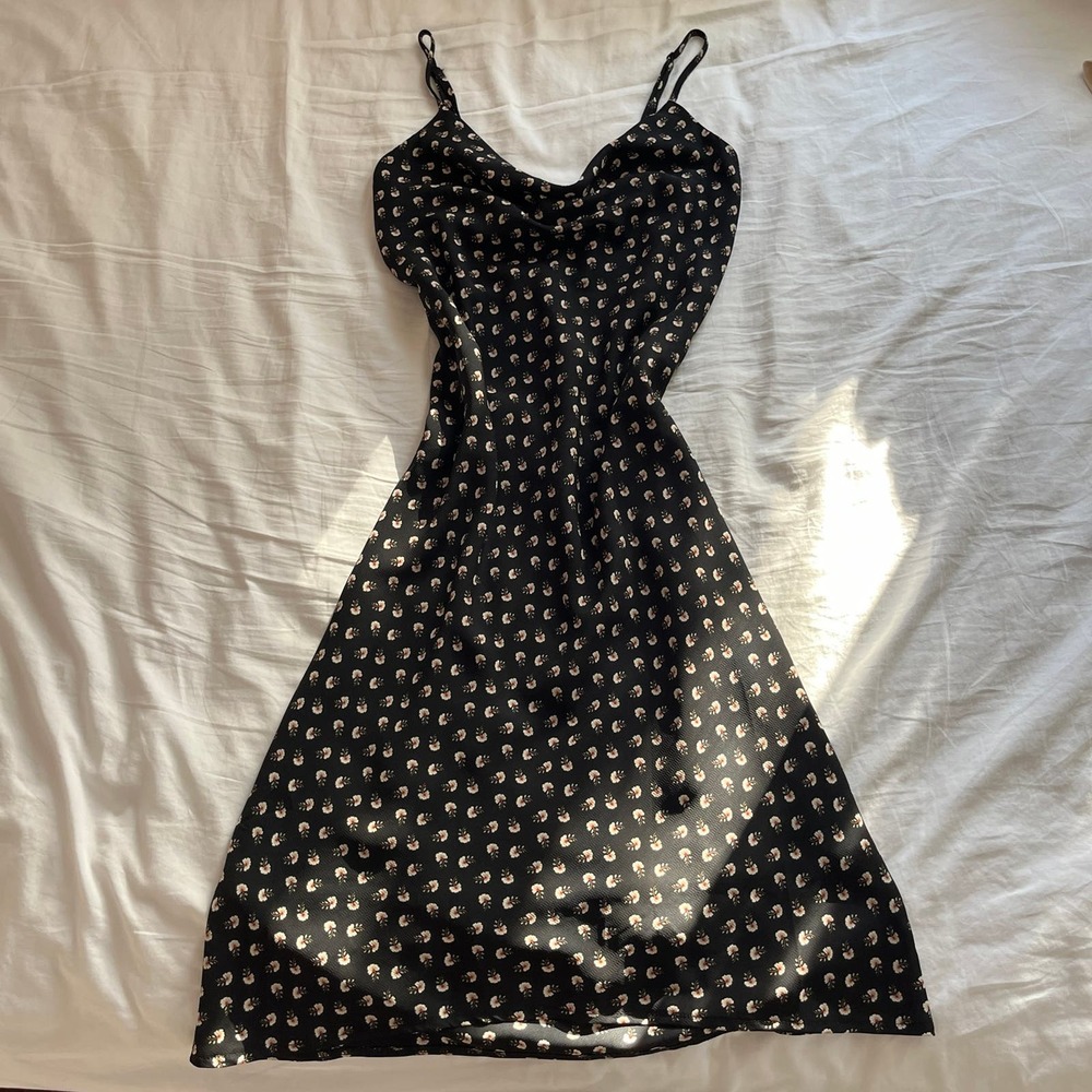 Black floral slip midi cowl neck dress